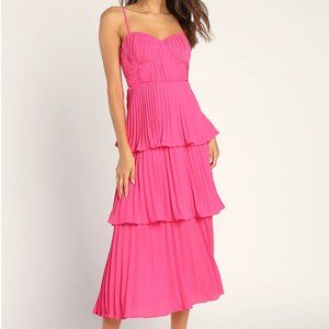 Lulus Cascading Crush Hot Pink Tiered Bustier Midi Dress